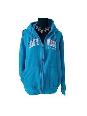 #28 ESY SURF CO ~ Aqua Blue Key West Florida Zip Up Drawstring Hoodie w/Pockets